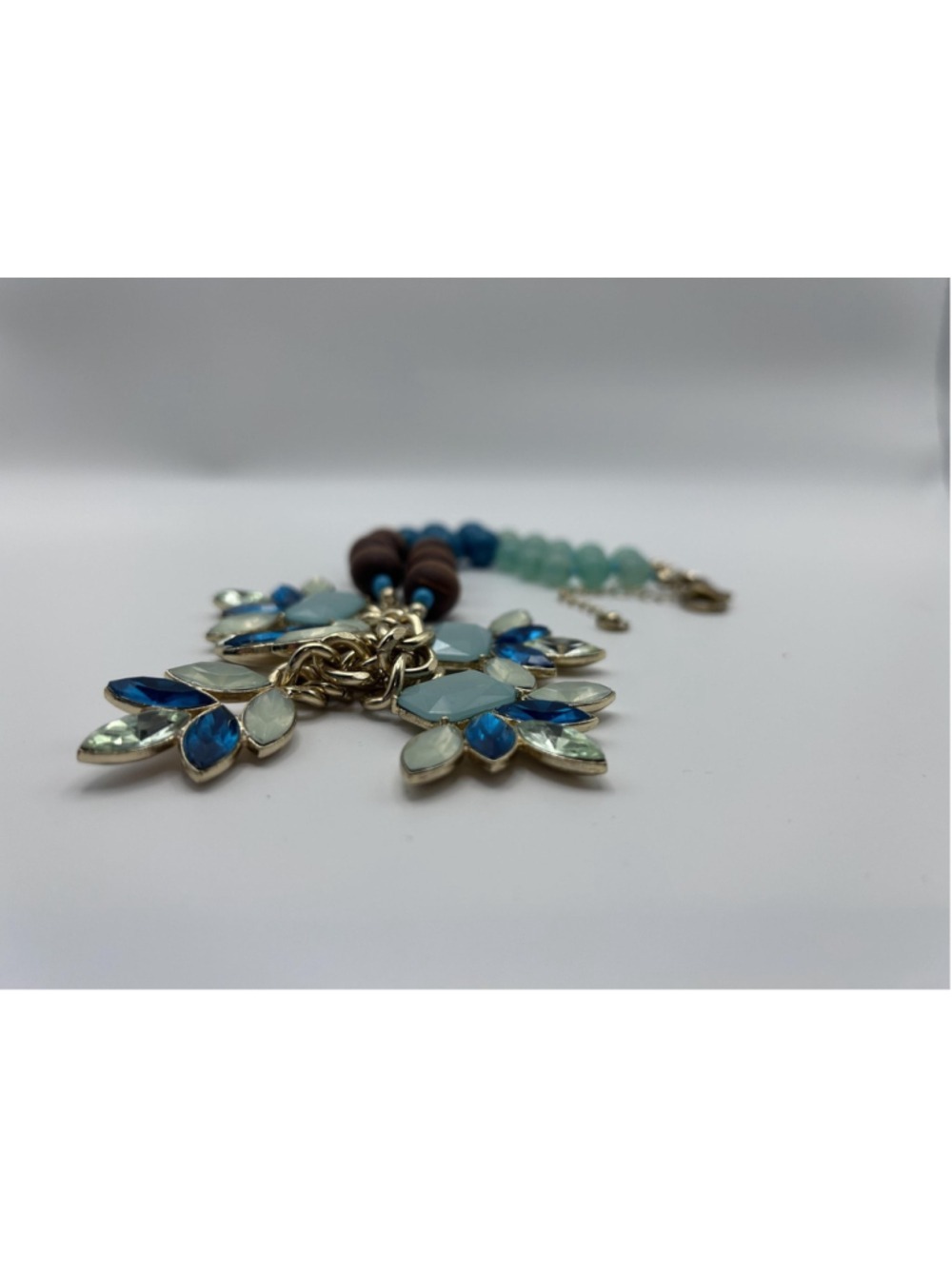 Necklace Blue Beaded Bib Flower Statement Gold Tone Wood Rhinestone Lobster